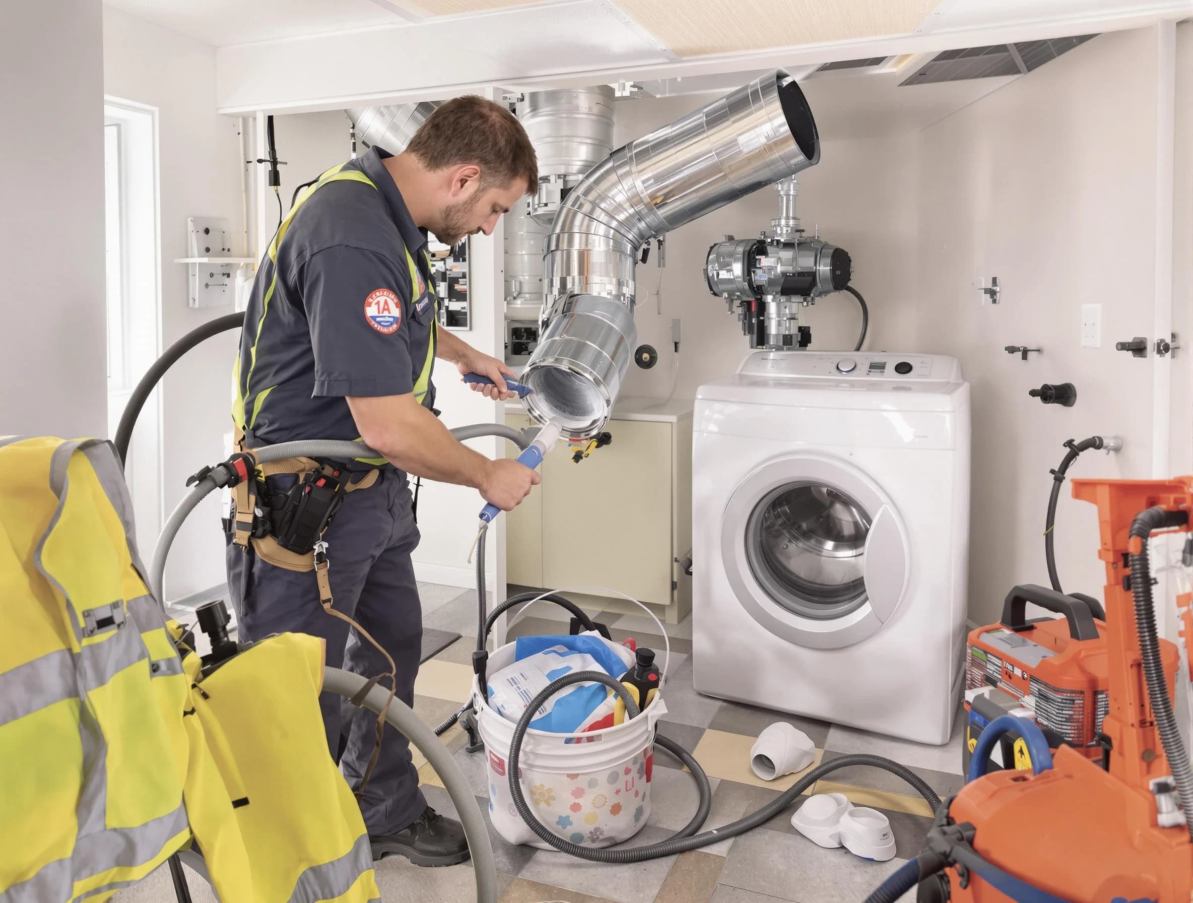 Chino Dryer Vent Cleaning technician using specialized equipment to clear severe dryer vent blockage in Chino